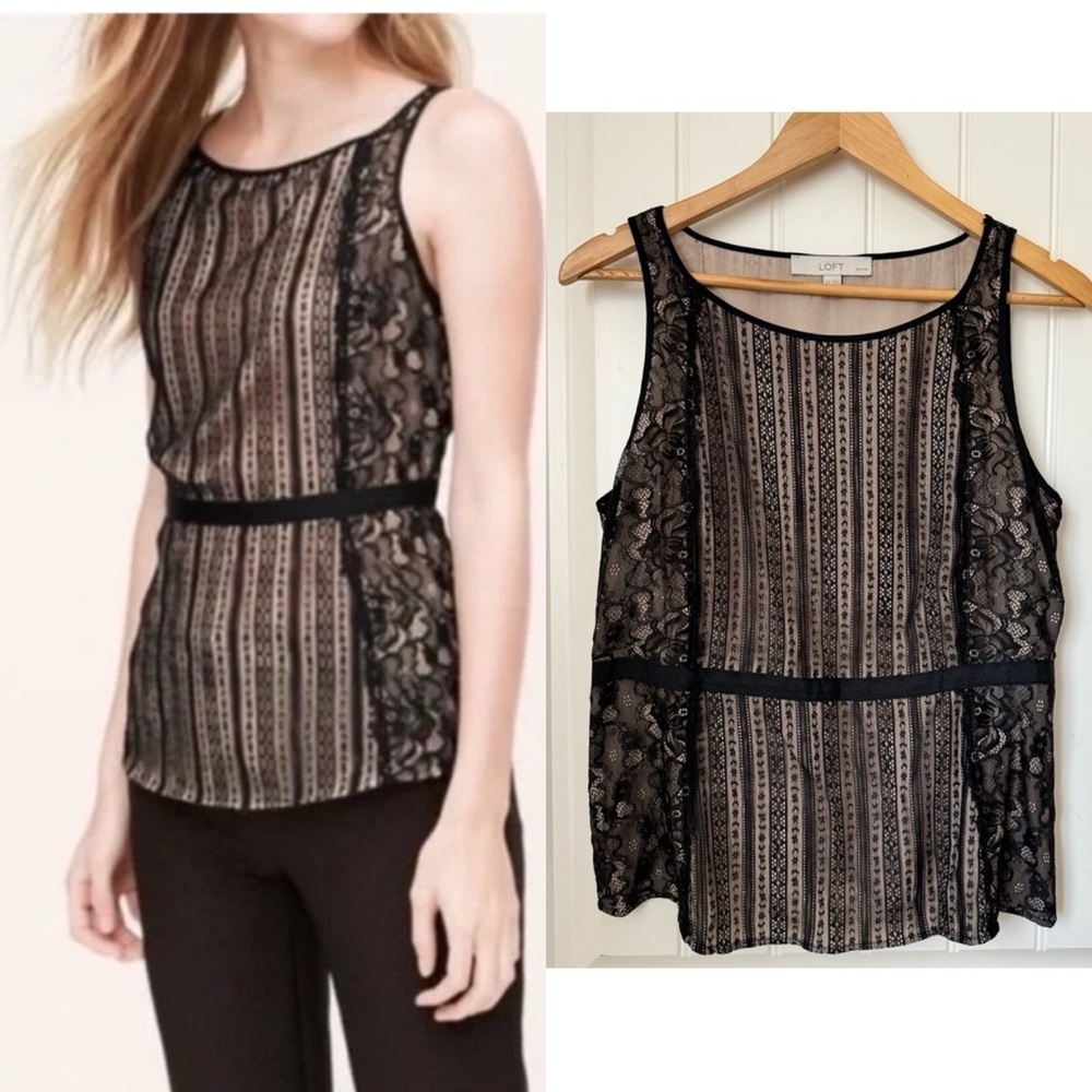 LOFT Women’s Black Lace Sleeveless Blouse with Beige Lining. Size 12P